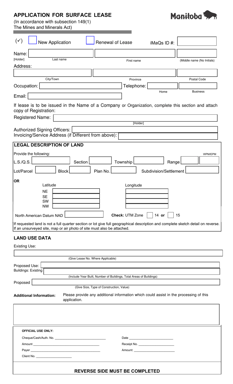 Form MF4 Application for Surface Lease - Manitoba, Canada, Page 1
