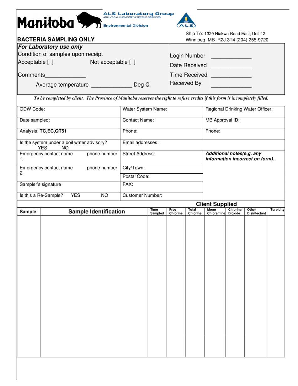 Bacterial Sample Submission Form - Manitoba, Canada, Page 1