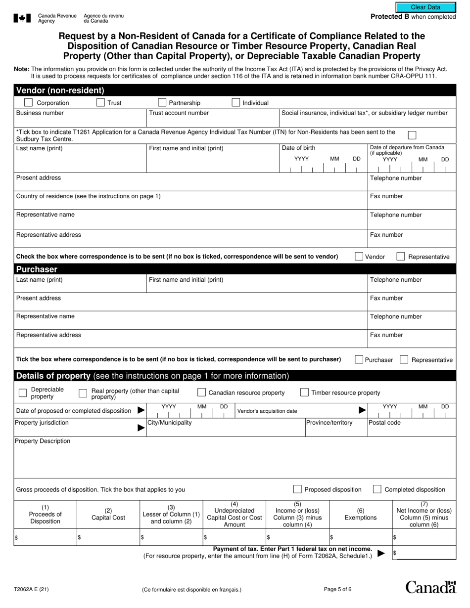 Form T2062A Request by a Non-resident of Canada for a Certificate of Compliance Related to the Disposition of Canadian Resource or Timber Resource Property, Canadian Real Property (Other Than Capital Property), or Depreciable Taxable Canadian Property - Canada, Page 5