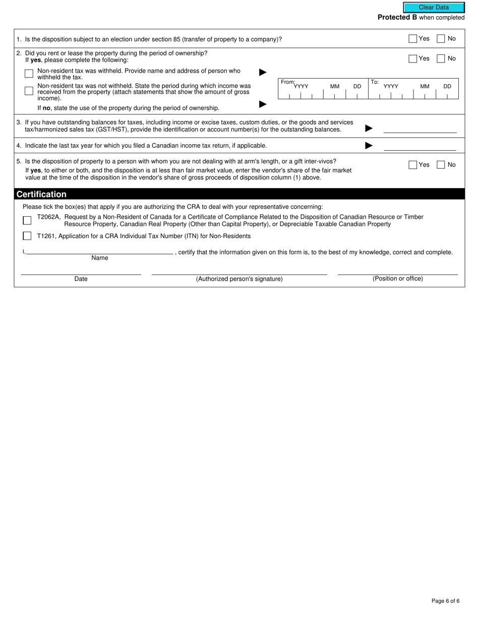 Form T2062A Request by a Non-resident of Canada for a Certificate of Compliance Related to the Disposition of Canadian Resource or Timber Resource Property, Canadian Real Property (Other Than Capital Property), or Depreciable Taxable Canadian Property - Canada, Page 6