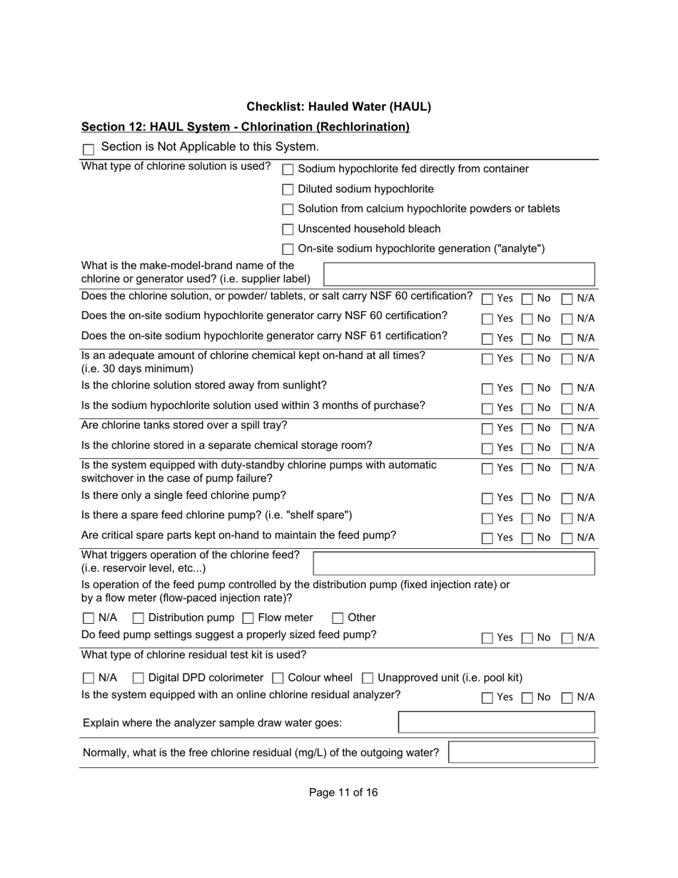 Qualified Person Assessment or Self-assessment - Checklist: Hauled Water (Haul) - Manitoba, Canada, Page 11