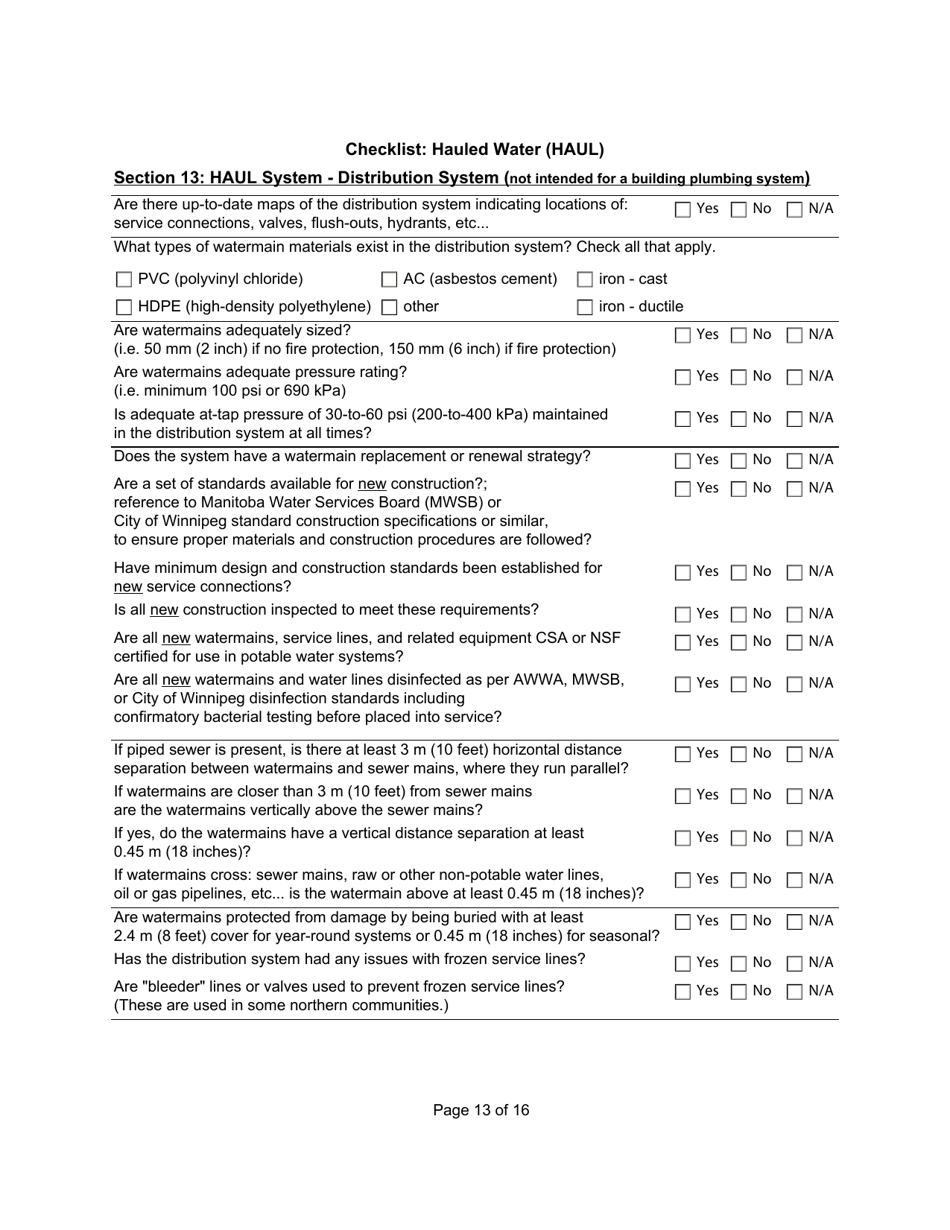 Qualified Person Assessment or Self-assessment - Checklist: Hauled Water (Haul) - Manitoba, Canada, Page 13