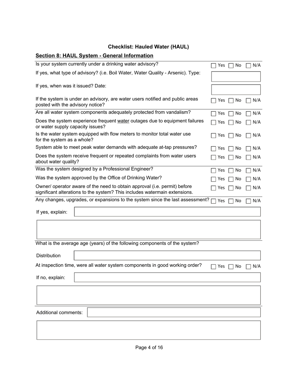 Qualified Person Assessment or Self-assessment - Checklist: Hauled Water (Haul) - Manitoba, Canada, Page 4