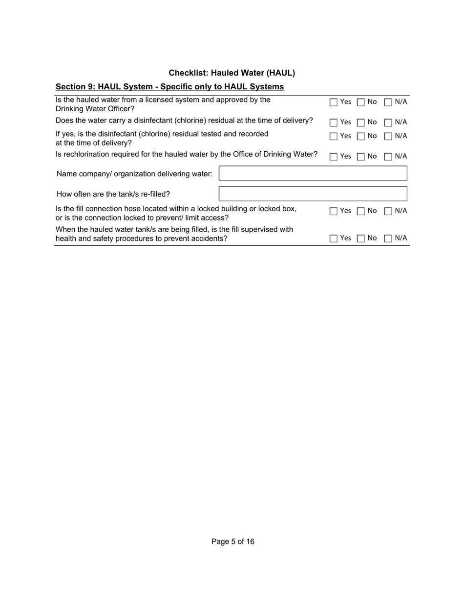 Qualified Person Assessment or Self-assessment - Checklist: Hauled Water (Haul) - Manitoba, Canada, Page 5