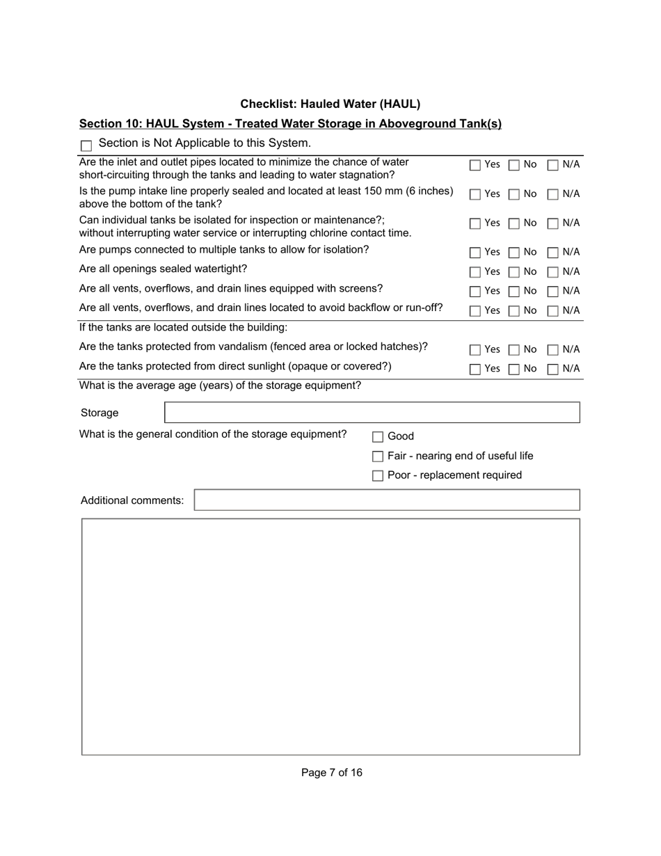 Qualified Person Assessment or Self-assessment - Checklist: Hauled Water (Haul) - Manitoba, Canada, Page 7