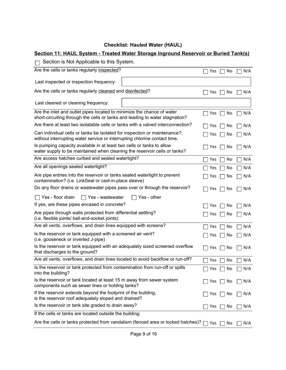 Qualified Person Assessment or Self-assessment - Checklist: Hauled Water (Haul) - Manitoba, Canada, Page 9