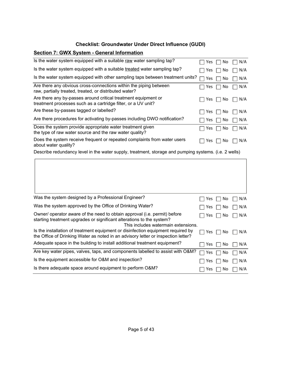 Qualified Person Assessment or Self-assessment - Checklist: Groundwater Under Direct Influence (Gudi) - Manitoba, Canada, Page 5