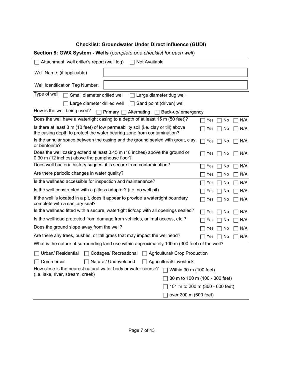 Qualified Person Assessment or Self-assessment - Checklist: Groundwater Under Direct Influence (Gudi) - Manitoba, Canada, Page 7