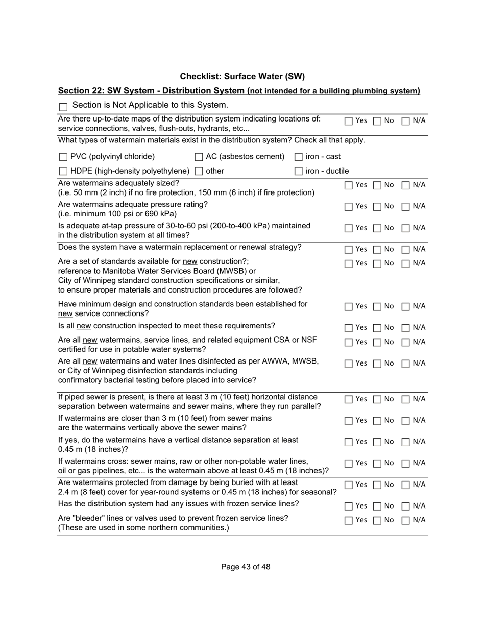 Qualified Person Assessment or Self-assessment - Checklist: Surface Water (SW) - Manitoba, Canada, Page 43