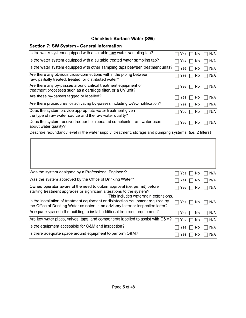 Qualified Person Assessment or Self-assessment - Checklist: Surface Water (SW) - Manitoba, Canada, Page 5
