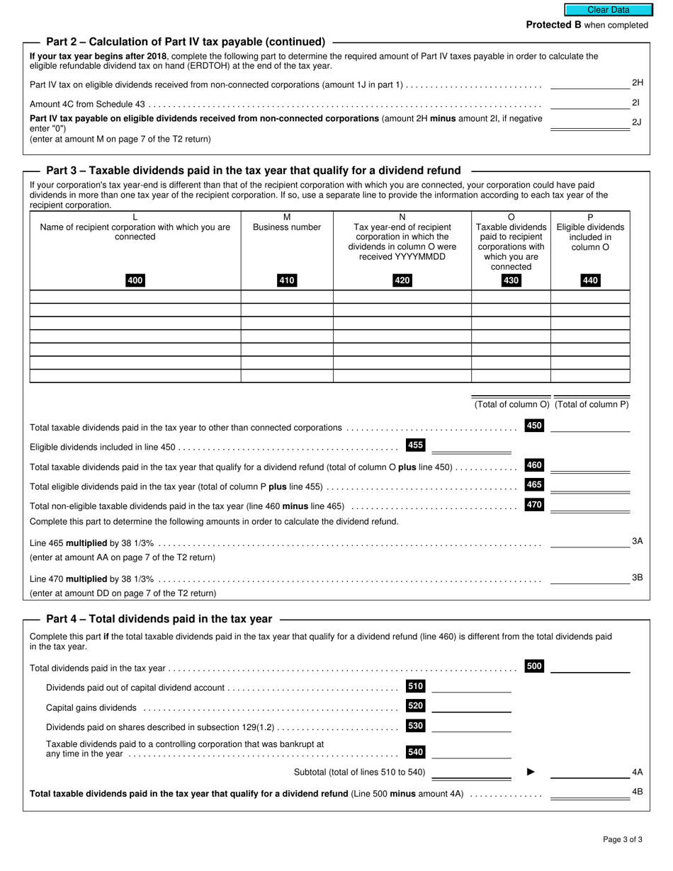 Form T2 Schedule 3 Dividends Received, Taxable Dividends Paid, and Part IV Tax Calculation (2019 and Later Tax Years) - Canada, Page 3
