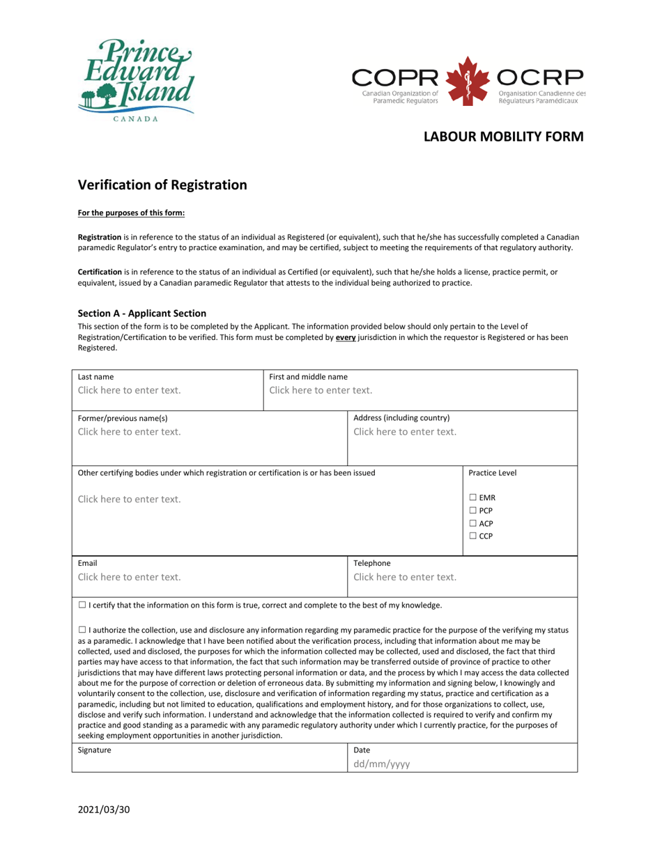 Prince Edward Island Canada Labour Mobility Form - Verification of ...