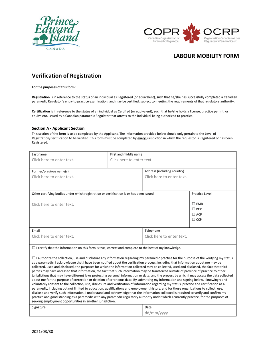 Labour Mobility Form - Verification of Registration - Prince Edward Island, Canada, Page 1