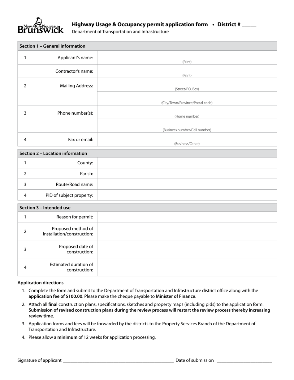 Highway Usage  Occupancy Permit Application Form - New Brunswick, Canada, Page 1