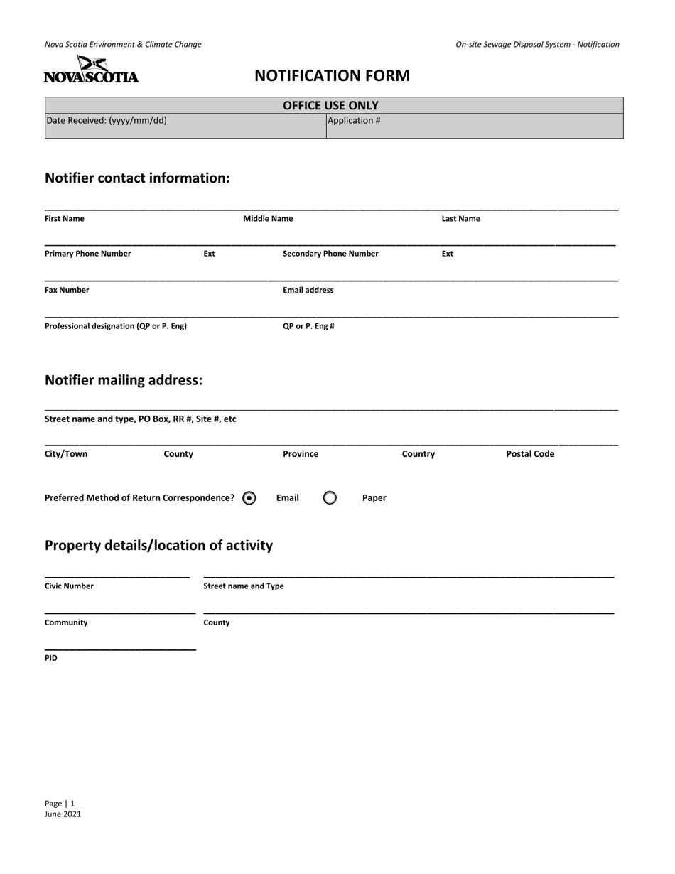On-Site Sewage Disposal System - Notification Form - Nova Scotia, Canada, Page 1