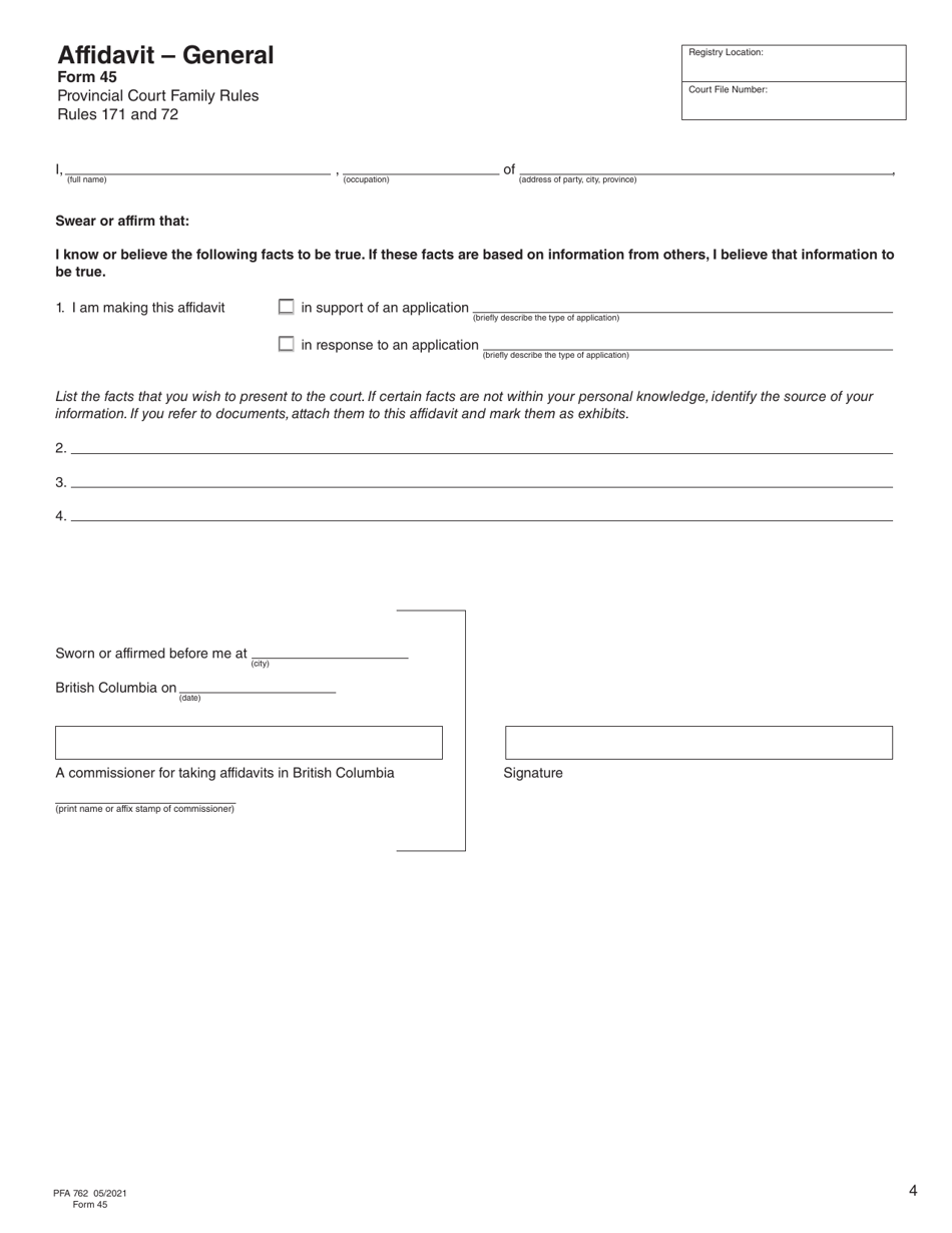Form 45 (PFA762) Affidavit - General - British Columbia, Canada, Page 4