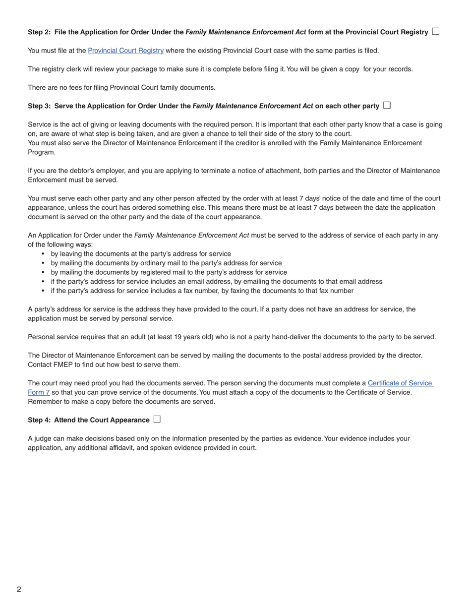 Form 35 (PFA754) Application for Order Under the Family Maintenance Enforcement Act - British Columbia, Canada, Page 2