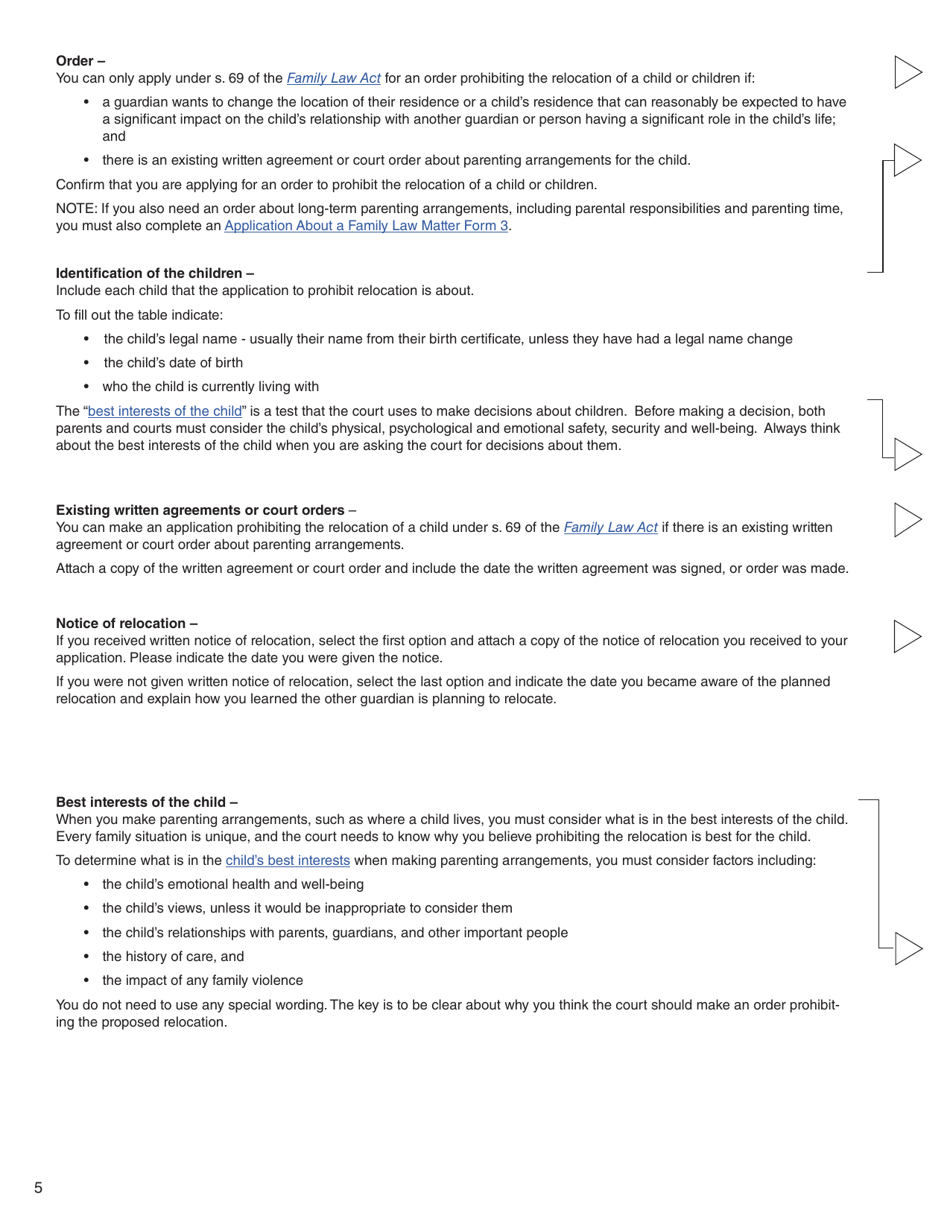 Form 16 (PFA724) Application for Order Prohibiting the Relocation of a Child - British Columbia, Canada, Page 5