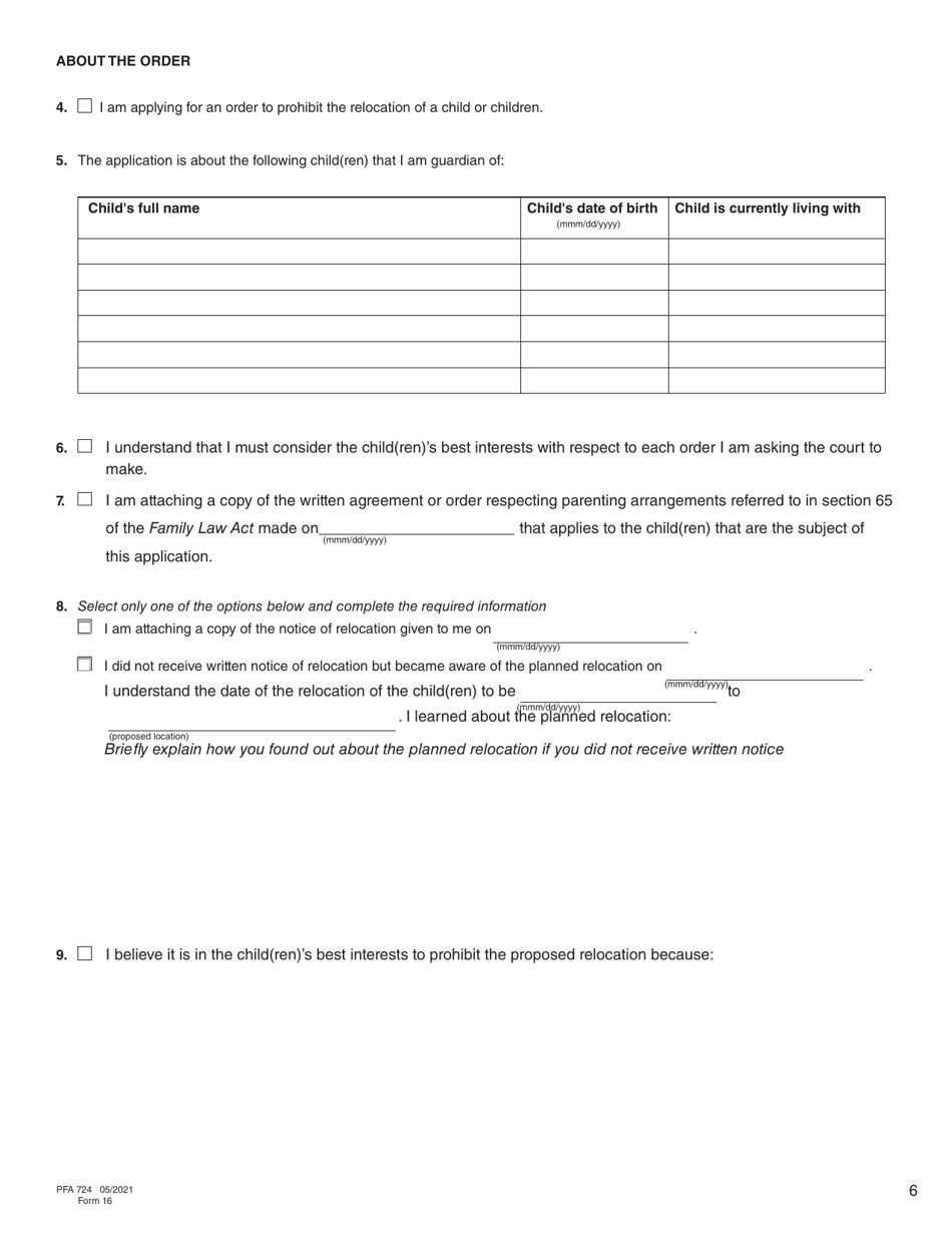 Form 16 (PFA724) Application for Order Prohibiting the Relocation of a Child - British Columbia, Canada, Page 6