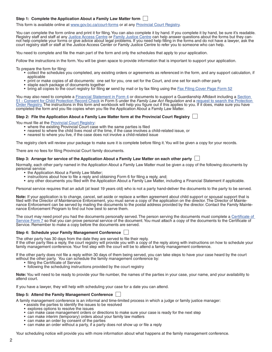 Form 3 (PFA712) Application About a Family Law Matter - British Columbia, Canada, Page 2
