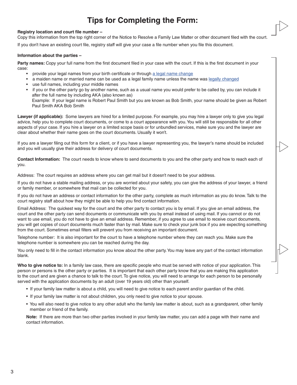 Form 3 (PFA712) Application About a Family Law Matter - British Columbia, Canada, Page 3