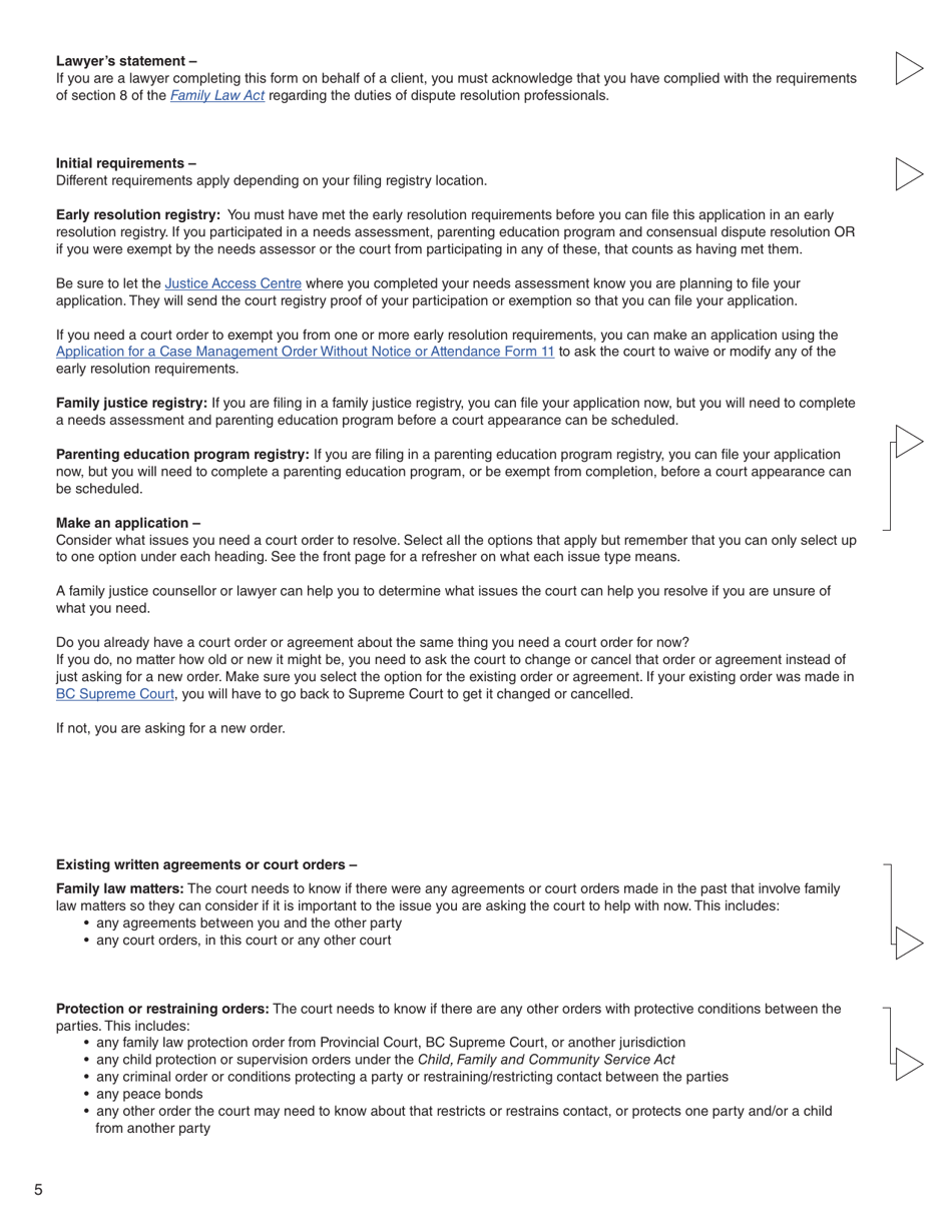 Form 3 (PFA712) Application About a Family Law Matter - British Columbia, Canada, Page 5