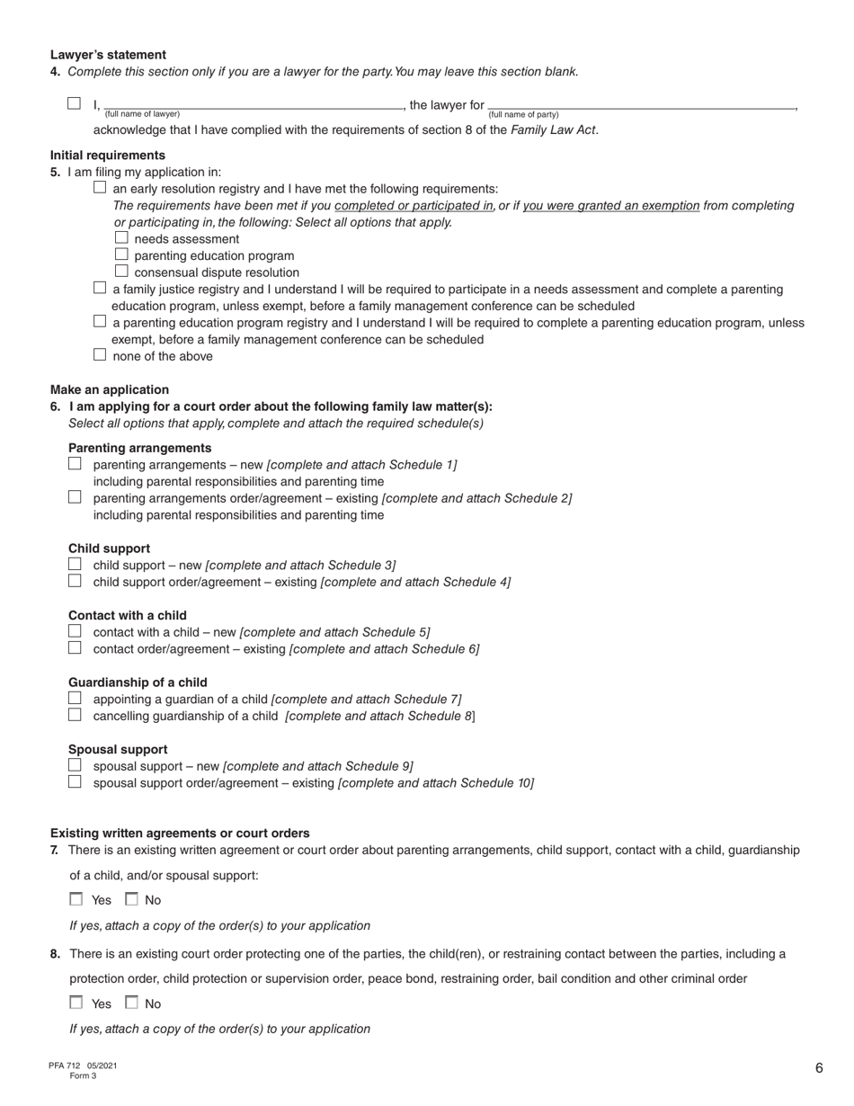 Form 3 (PFA712) Application About a Family Law Matter - British Columbia, Canada, Page 6