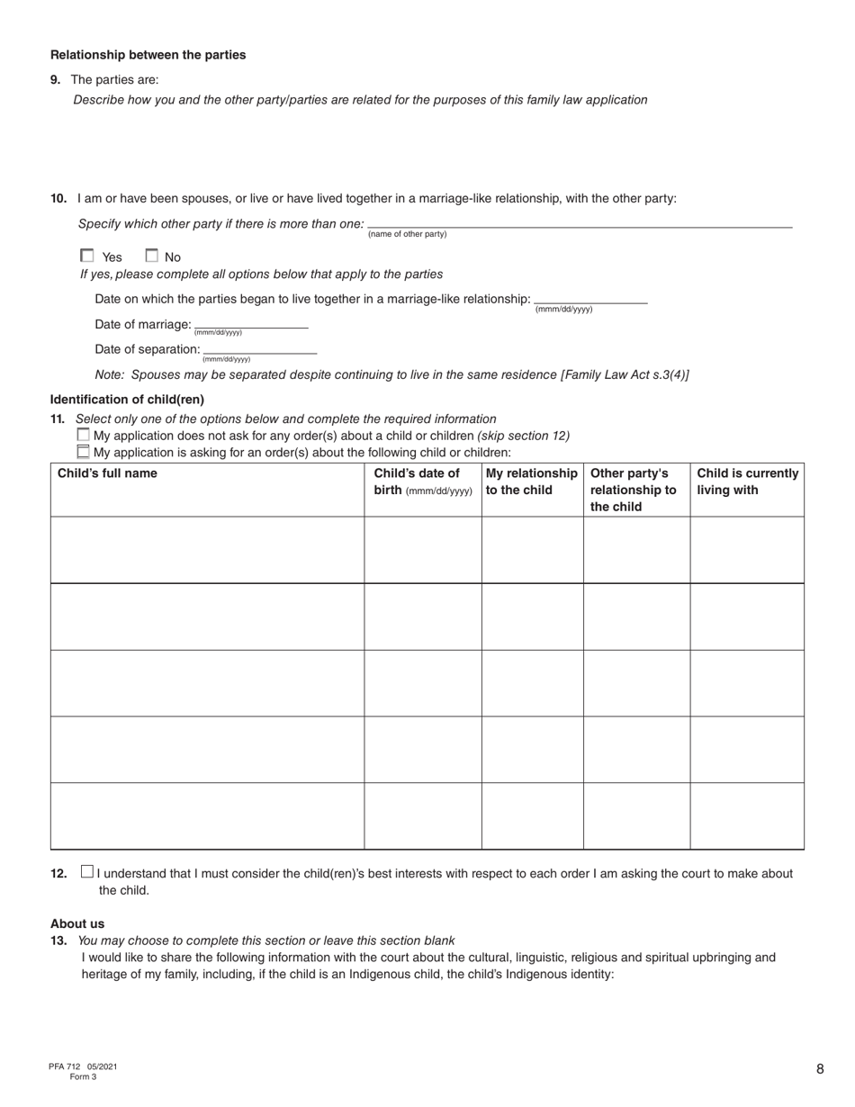 Form 3 (PFA712) Application About a Family Law Matter - British Columbia, Canada, Page 8