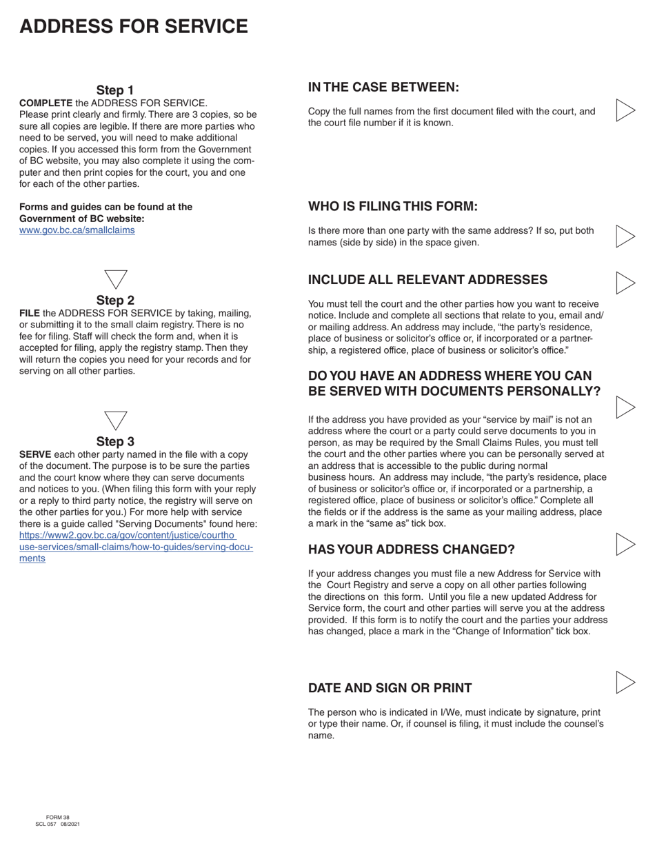 SCR Form 38 (SCL057) Address for Service - British Columbia, Canada, Page 2