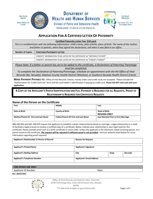 Application for a Certified Letter of Paternity - Nevada Download Pdf