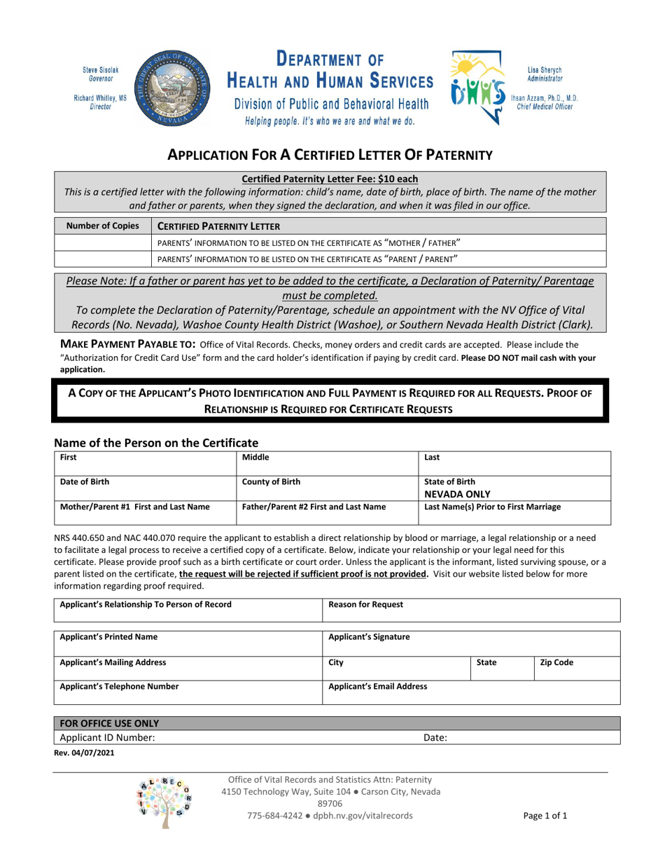 Application for a Certified Letter of Paternity - Nevada, Page 1