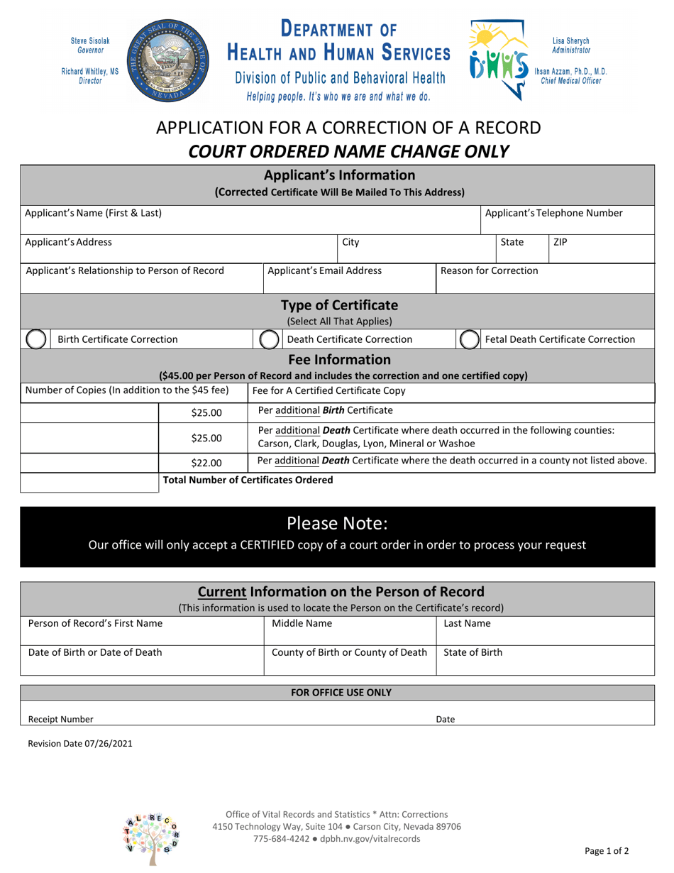 Application for a Correction of a Record - Court Ordered Name Change Only - Nevada, Page 1