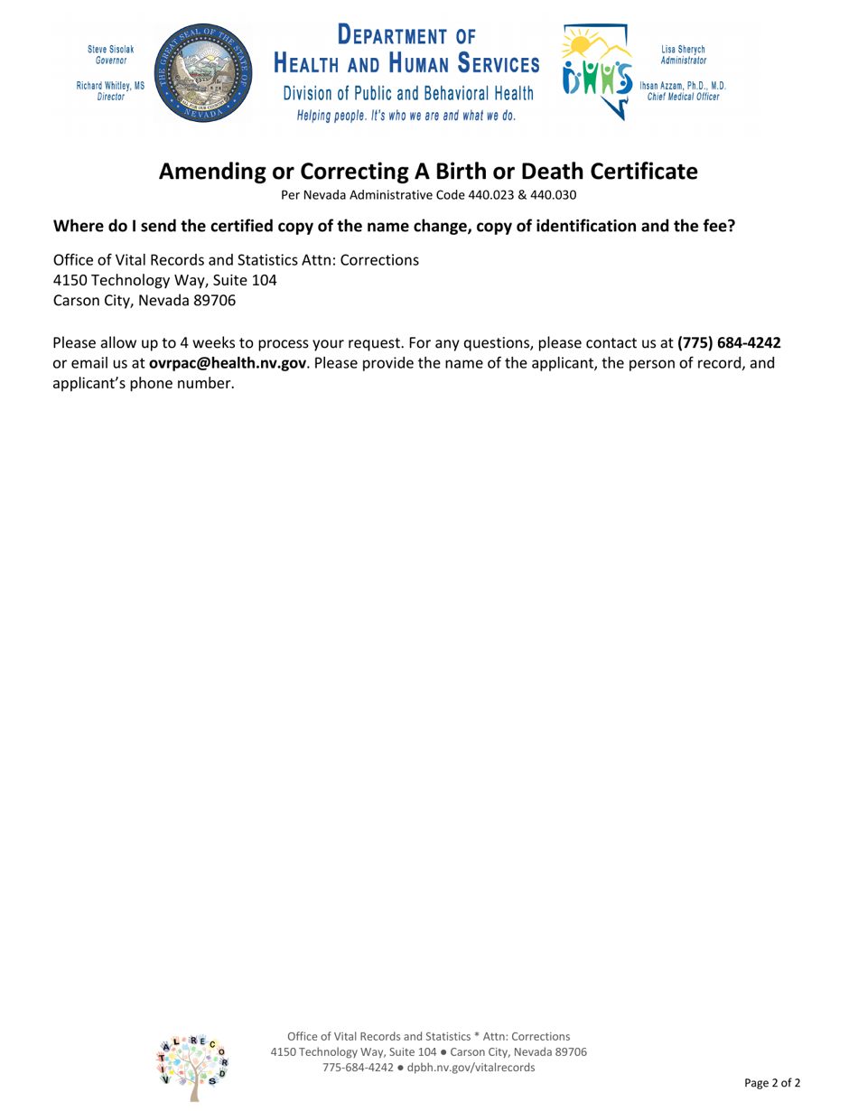 Application for a Correction of a Record - Court Ordered Name Change Only - Nevada, Page 2