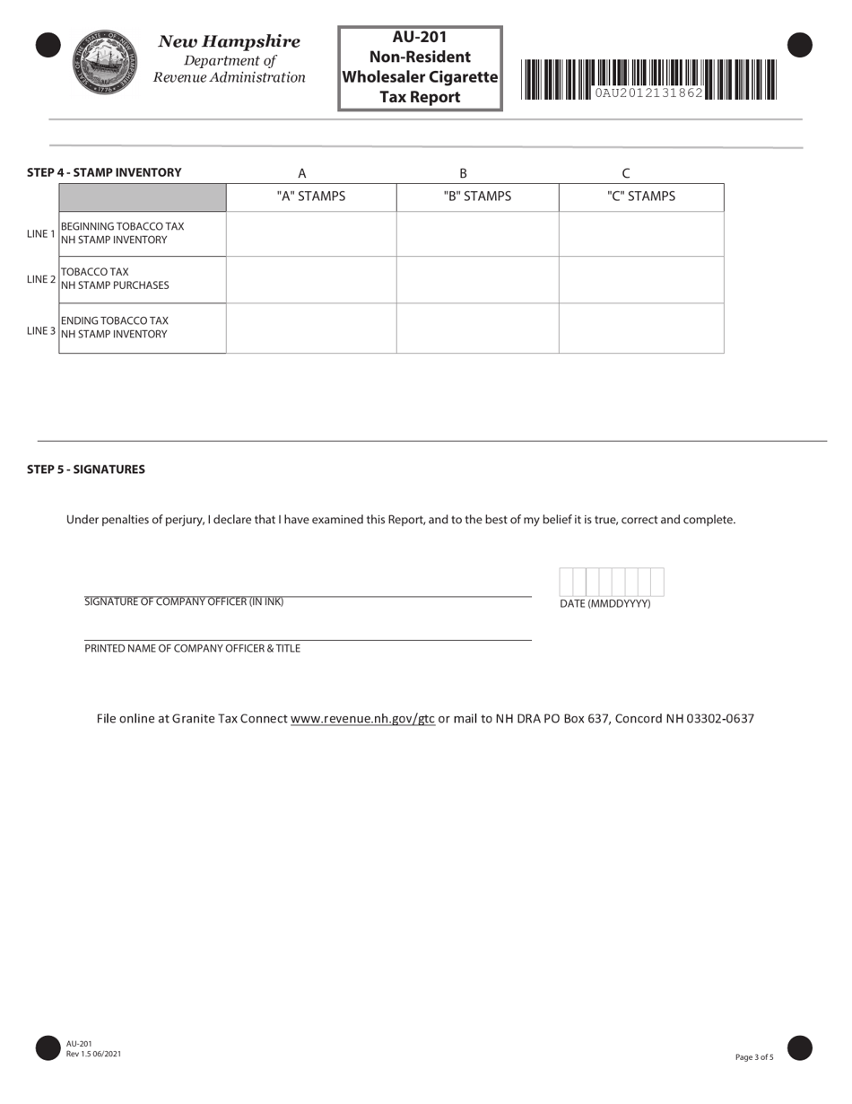 Form AU-201 Non-resident Wholesaler Cigarette Tax Report - New Hampshire, Page 3