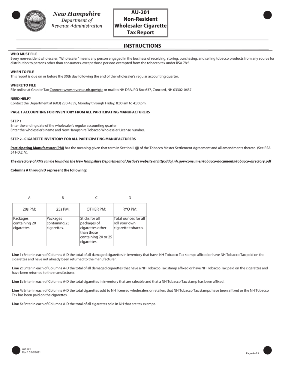 Form AU-201 Non-resident Wholesaler Cigarette Tax Report - New Hampshire, Page 4