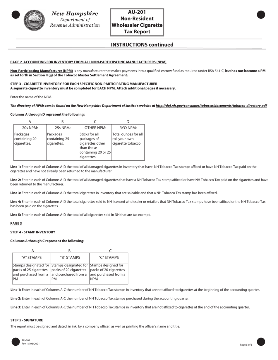 Form AU-201 Non-resident Wholesaler Cigarette Tax Report - New Hampshire, Page 5
