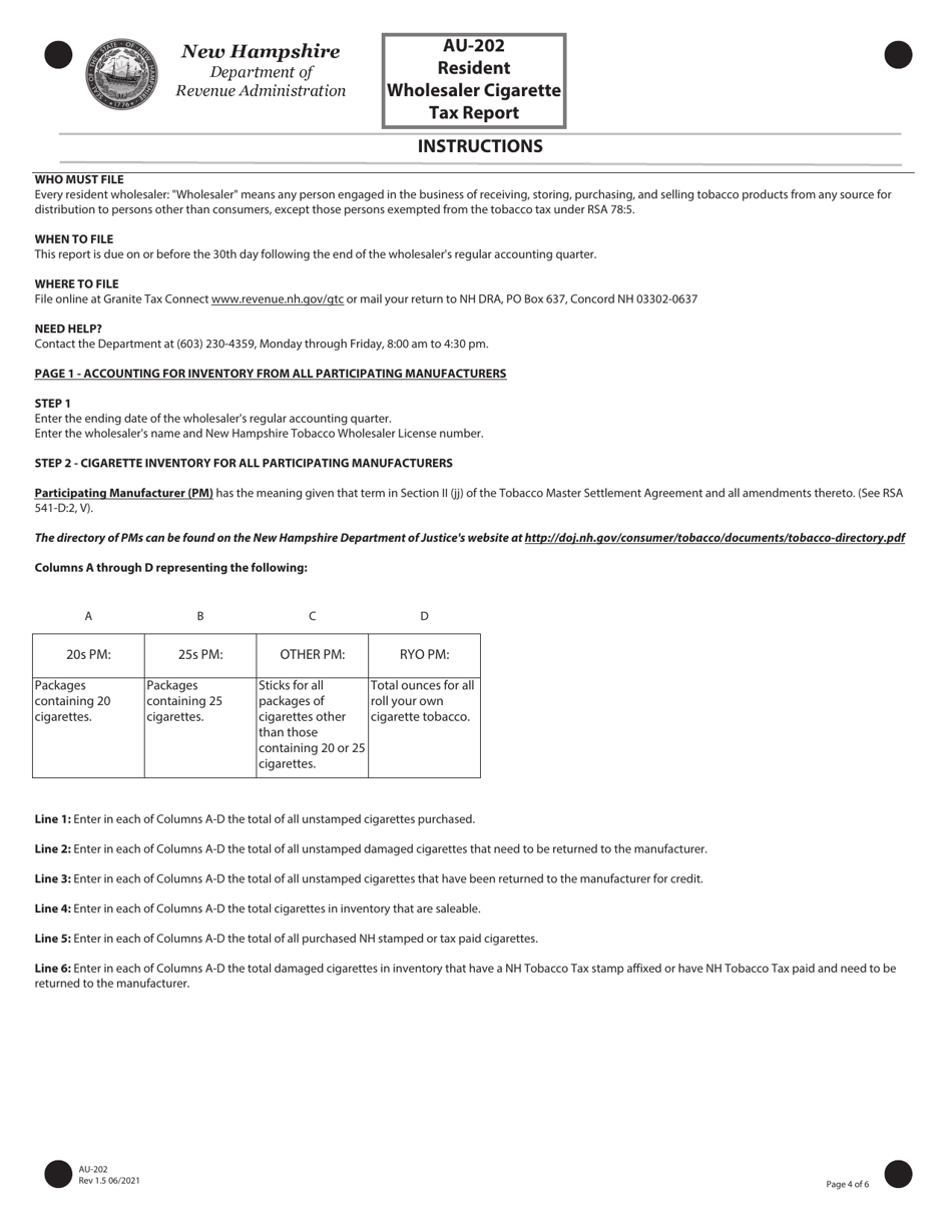 Form AU-202 Resident Wholesaler Cigarette Tax Report - New Hampshire, Page 4