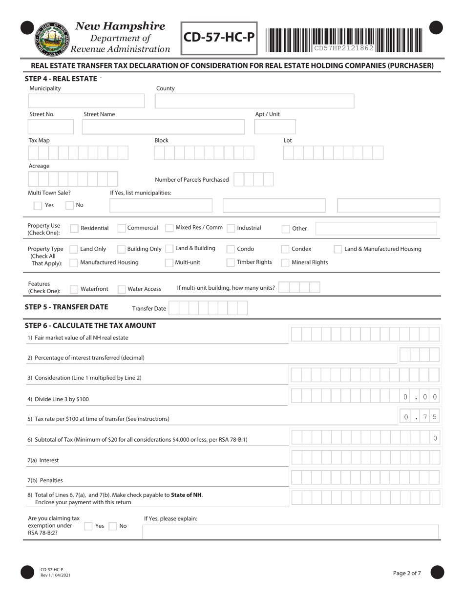 Form CD-57-HC-P Real Estate Transfer Tax Declaration of Consideration for Real Estate Holding Companies (Purchaser) - New Hampshire, Page 2