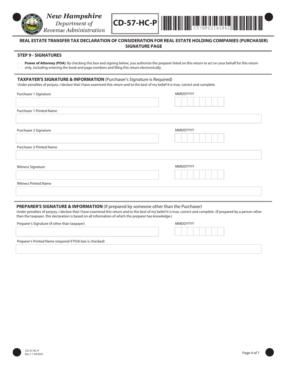 Form CD-57-HC-P Real Estate Transfer Tax Declaration of Consideration for Real Estate Holding Companies (Purchaser) - New Hampshire, Page 4