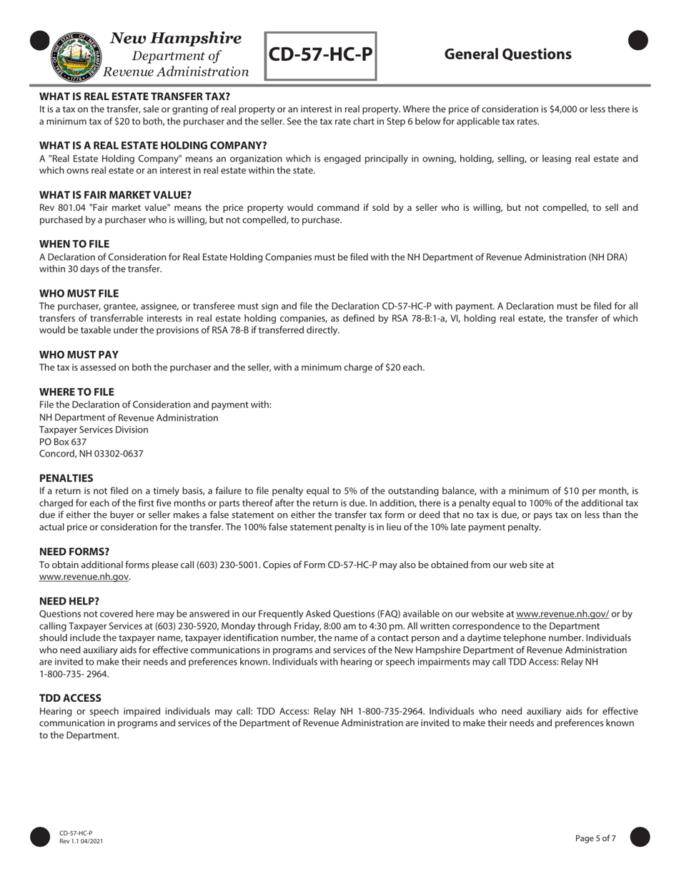 Form CD-57-HC-P Real Estate Transfer Tax Declaration of Consideration for Real Estate Holding Companies (Purchaser) - New Hampshire, Page 5