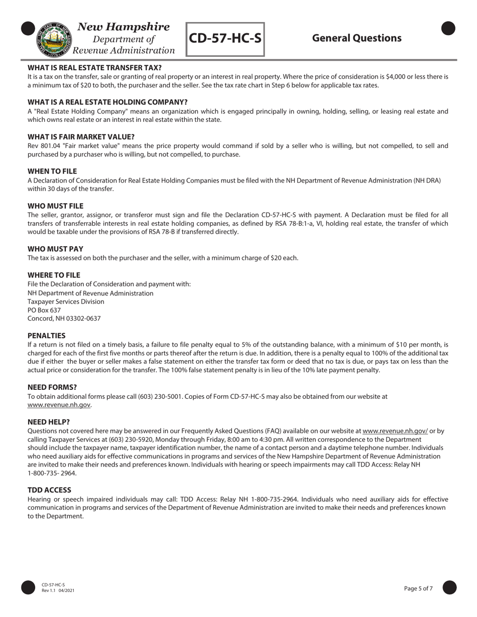 Form CD-57-HC-S Real Estate Transfer Tax Declaration of Consideration for Real Estate Holding Companies (Seller) - New Hampshire, Page 5