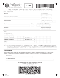 Form CD-92 &quot;Notice of Intent to Return Damaged or Obsolete Cigarettes to Manufacturer&quot; - New Hampshire