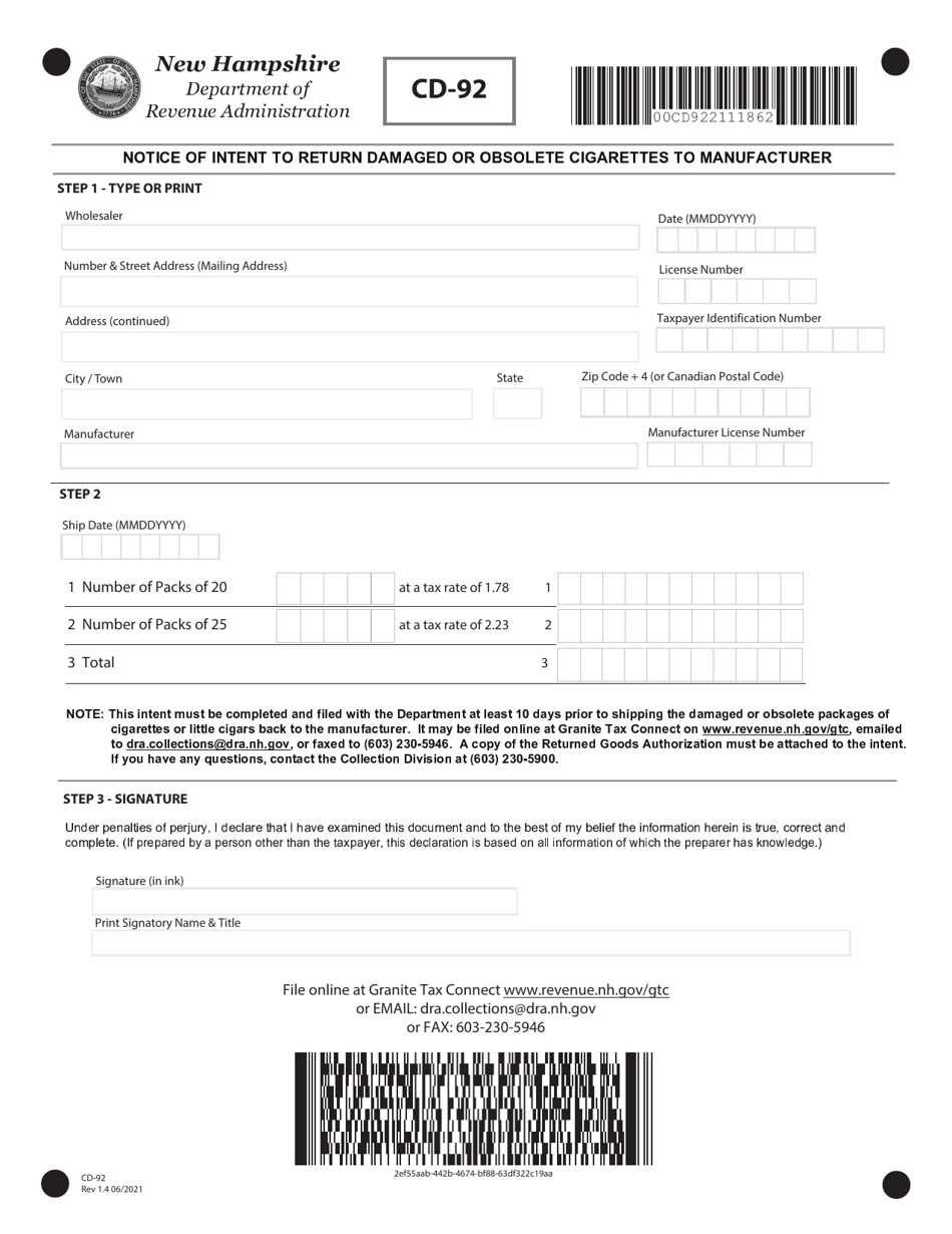 Form CD-92 Notice of Intent to Return Damaged or Obsolete Cigarettes to Manufacturer - New Hampshire, Page 1