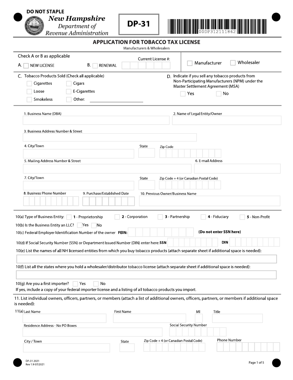 Form DP-31 Application for Tobacco Tax License - New Hampshire, Page 1