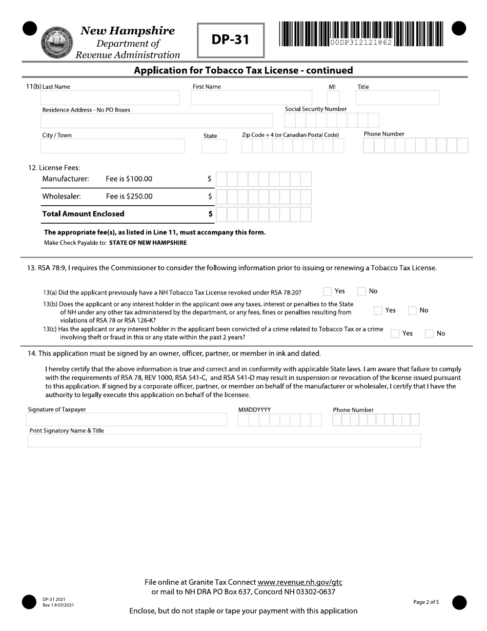 Form DP-31 Application for Tobacco Tax License - New Hampshire, Page 2