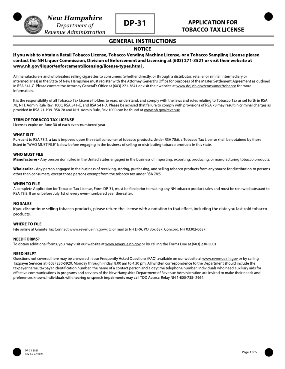 Form DP-31 Application for Tobacco Tax License - New Hampshire, Page 3