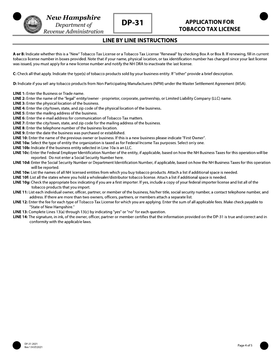 Form DP-31 Application for Tobacco Tax License - New Hampshire, Page 4