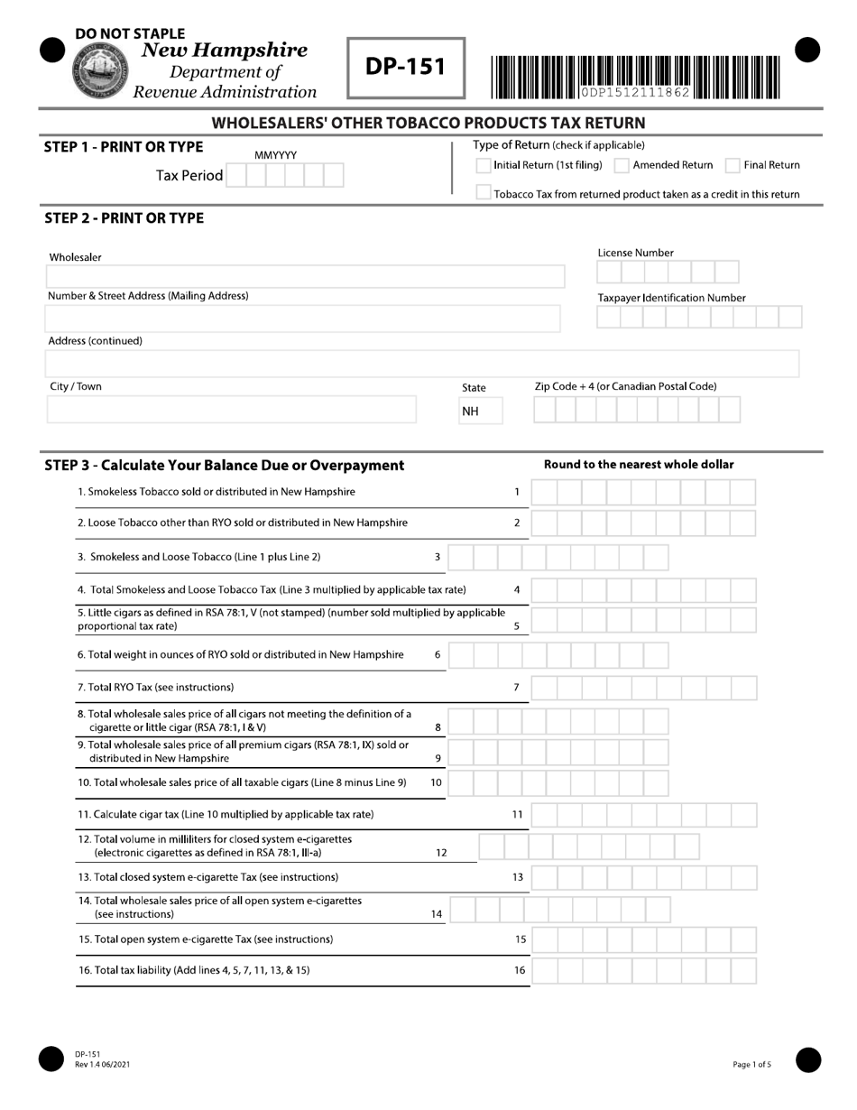 Form DP-151 Wholesalers' Other Tobacco Products Tax Return - New Hampshire, Page 1