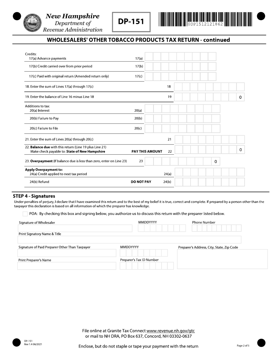 Form DP-151 Wholesalers Other Tobacco Products Tax Return - New Hampshire, Page 2