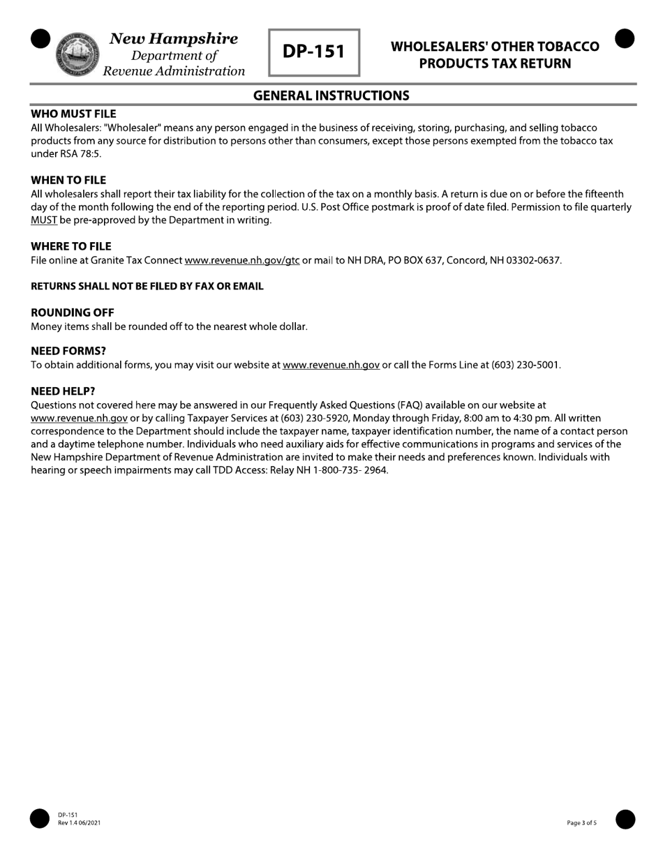 Form DP-151 Wholesalers Other Tobacco Products Tax Return - New Hampshire, Page 3